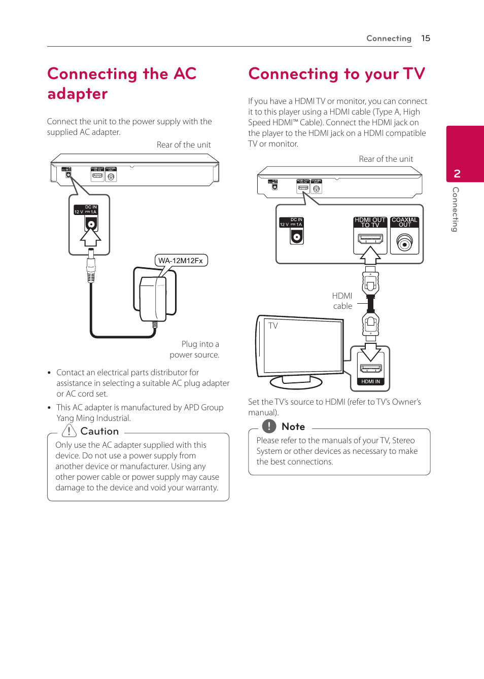 2 connecting, Connecting the ac adapter, Connecting to your tv | LG BP125 User Manual | Page 15 / 48