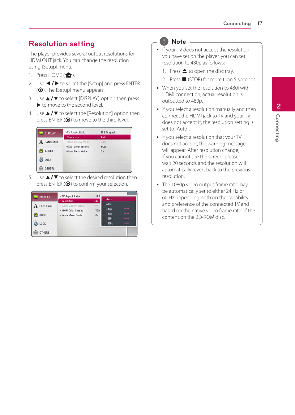 Resolution setting | LG BP125 User Manual | Page 17 / 48