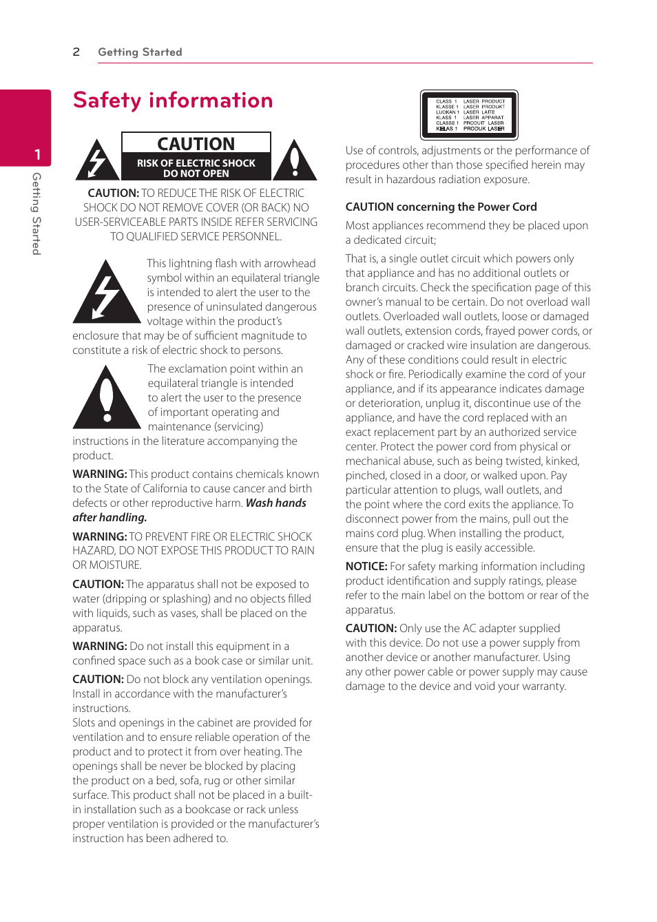 1 getting started, Safety information, Caution | LG BP125 User Manual | Page 2 / 48