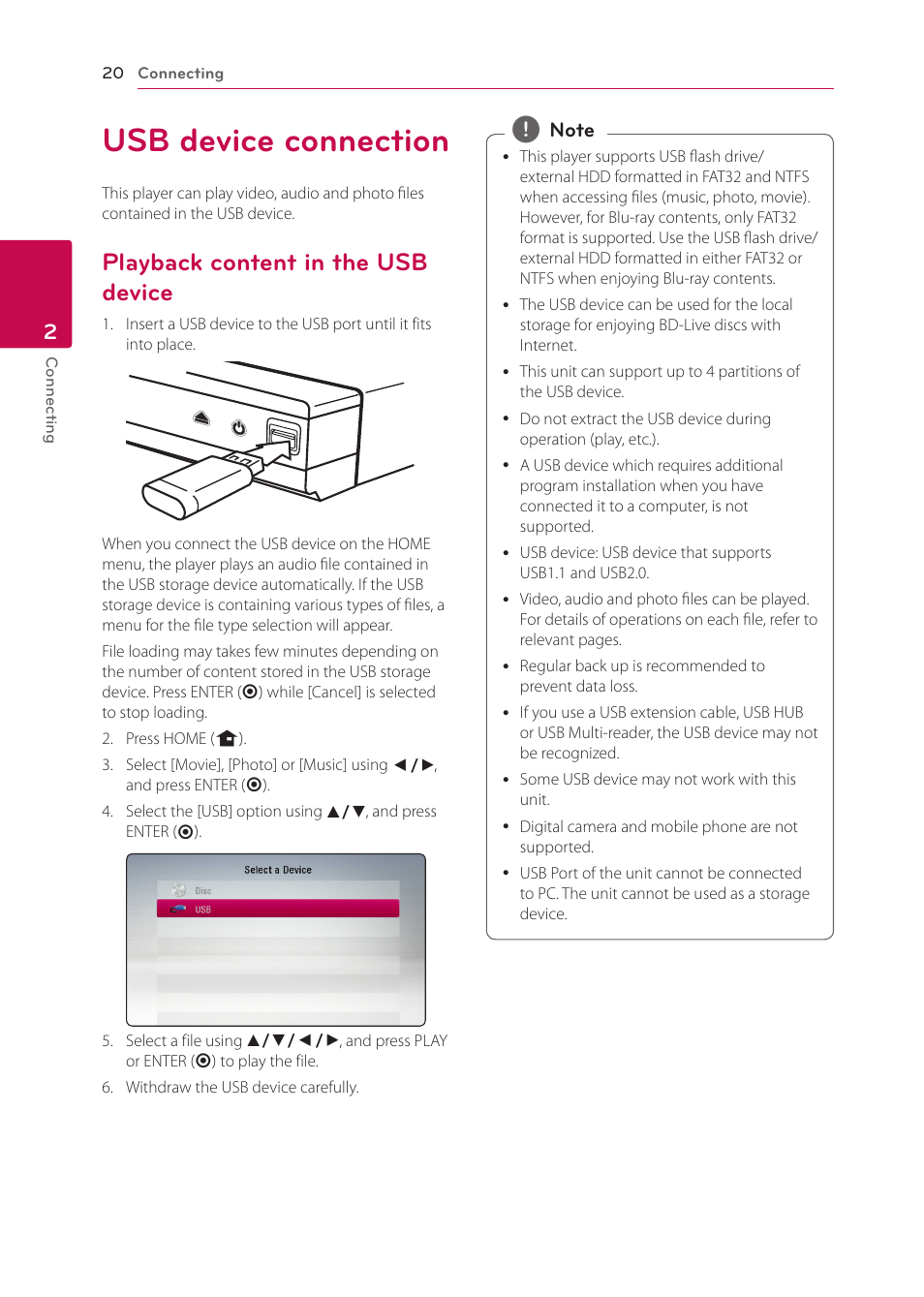 Usb device connection, Playback content in the usb device | LG BP125 User Manual | Page 20 / 48
