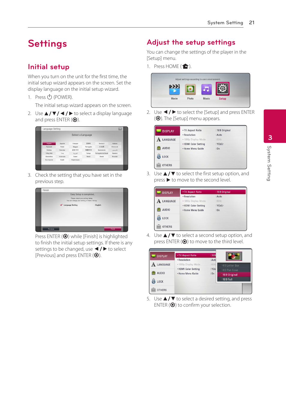 3 system setting, Settings, Initial setup | Adjust the setup settings | LG BP125 User Manual | Page 21 / 48