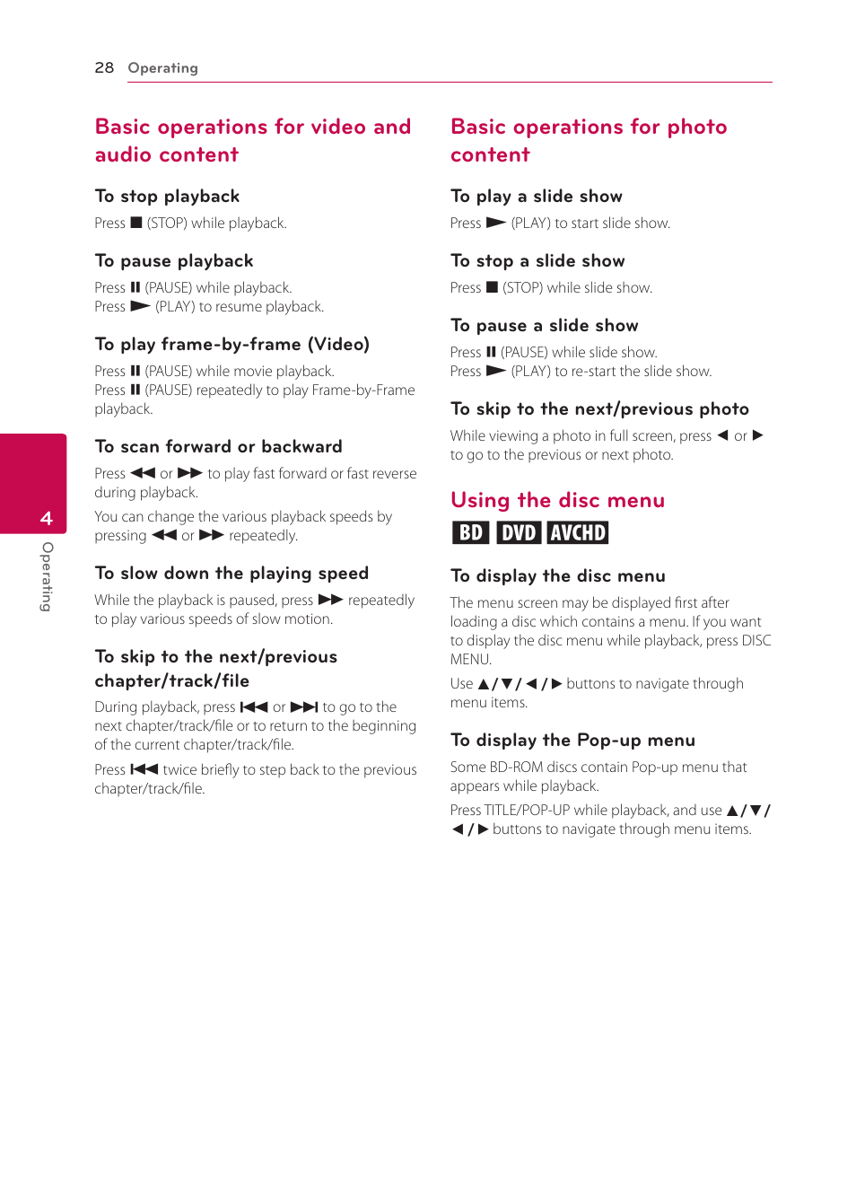 Basic operations for video and audio content, Basic operations for photo content, Using the disc menu | 28 – basic operations for video and audio, Content, Using the disc menu ero | LG BP125 User Manual | Page 28 / 48