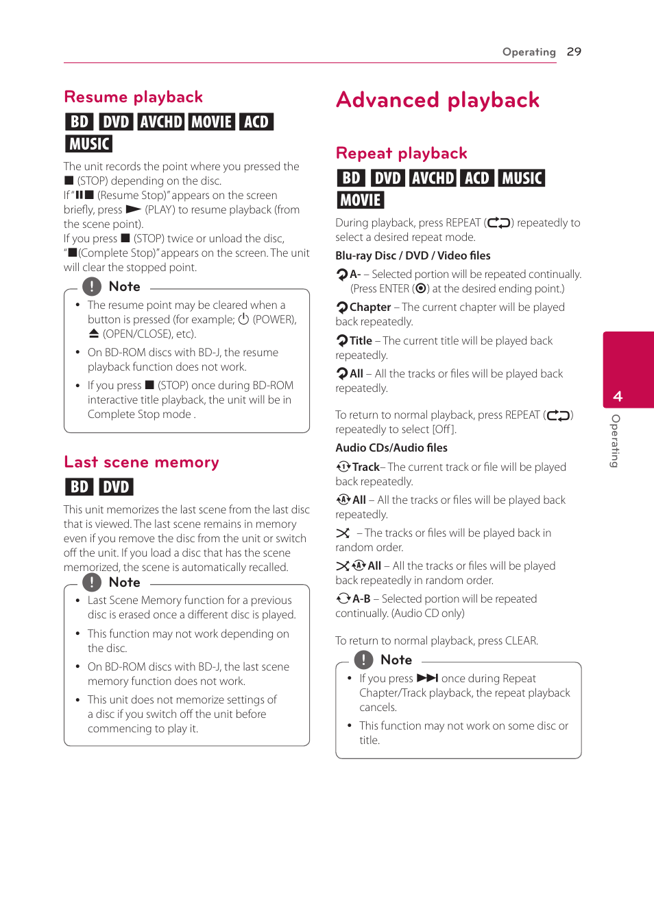 Resume playback, Last scene memory, Advanced playback | Repeat playback, Resume playback eroyt u, Repeat playback erotu y | LG BP125 User Manual | Page 29 / 48