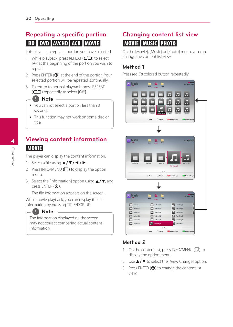 Repeating a specific portion, Viewing content information, Changing content list view | Repeating a specific portion eroty, Viewing content information y, Changing content list view yui | LG BP125 User Manual | Page 30 / 48