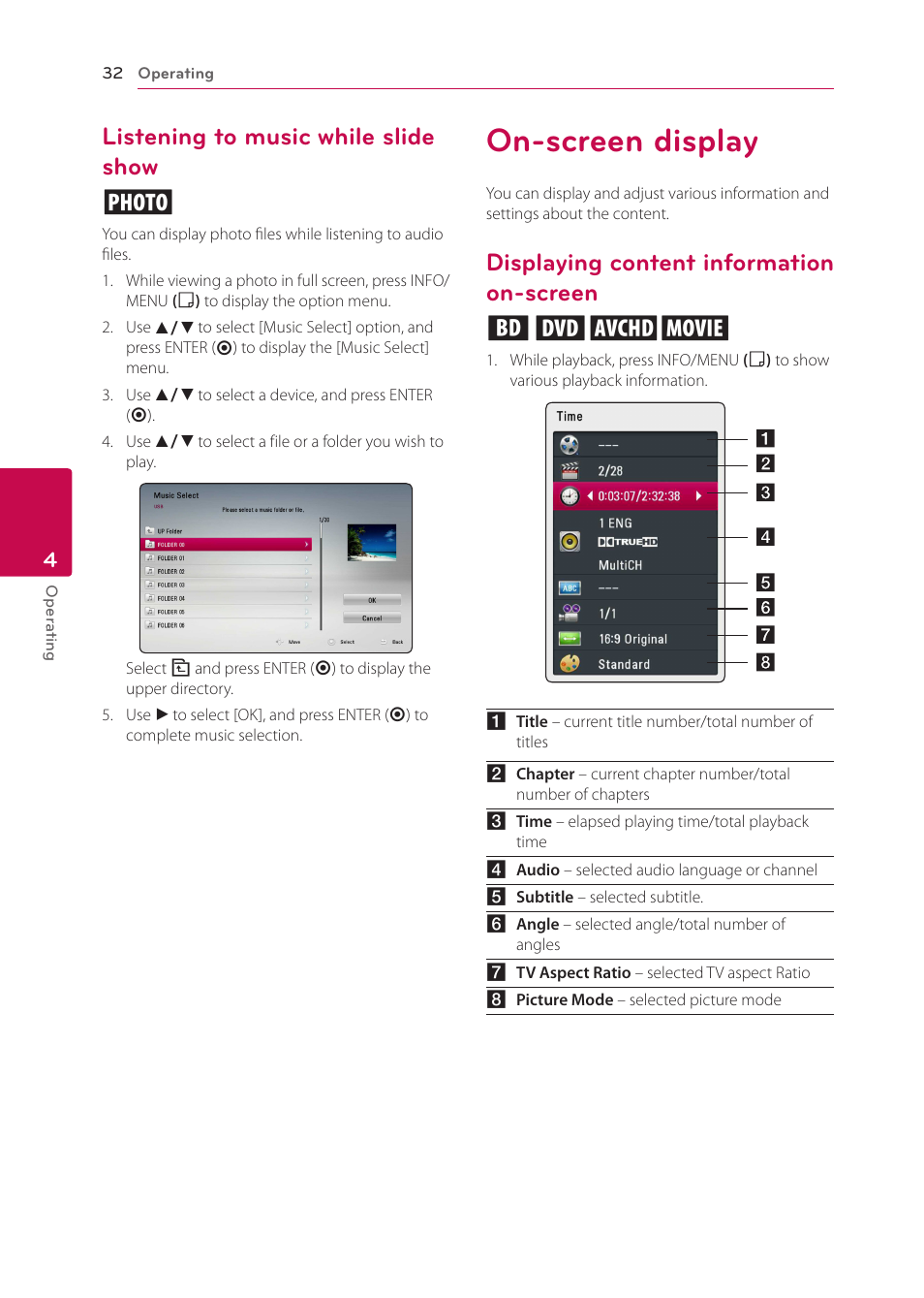 Listening to music while slide show, On-screen display, Displaying content information on-screen | Screen, Listening to music while slide show i, Displaying content information on-screen eroy | LG BP125 User Manual | Page 32 / 48