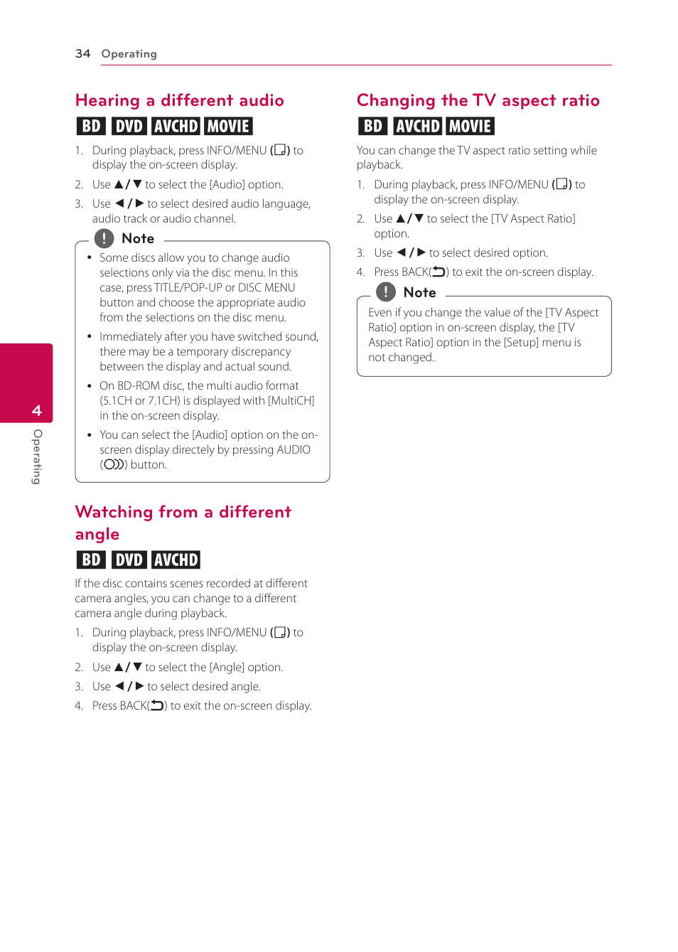 Hearing a different audio, Watching from a different angle, Changing the tv aspect ratio | Hearing a different audio eroy, Watching from a different angle ero, Changing the tv aspect ratio eoy | LG BP125 User Manual | Page 34 / 48