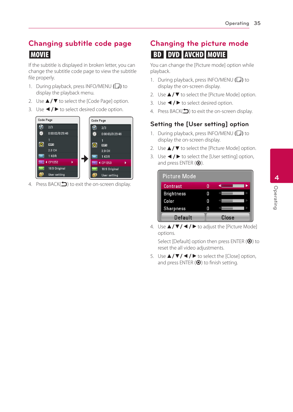 Changing the picture mode, Changing subtitle code page y, Changing the picture mode eroy | LG BP125 User Manual | Page 35 / 48