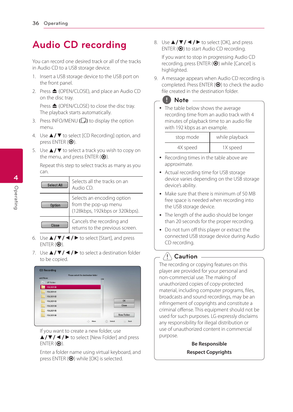 Audio cd recording, 36 audio cd recording | LG BP125 User Manual | Page 36 / 48