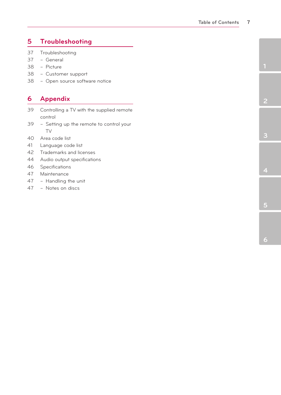 5 troubleshooting, 6 appendix | LG BP125 User Manual | Page 7 / 48
