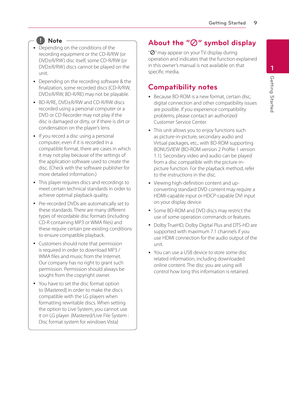 About the “7” symbol display, Compatibility notes, About the | 7” symbol display, About the “ 7 ” symbol display | LG BP125 User Manual | Page 9 / 48