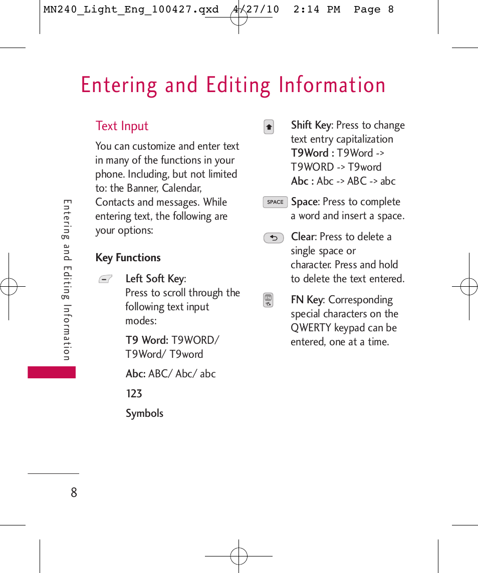 Entering and editing information, Text input | LG MN240 User Manual | Page 10 / 58