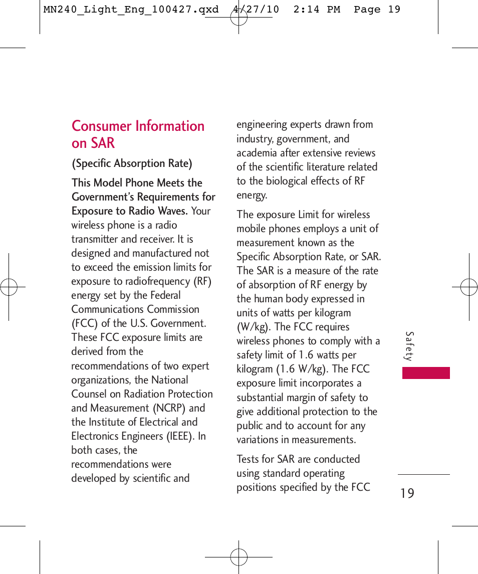 Consumer information on sar | LG MN240 User Manual | Page 21 / 58