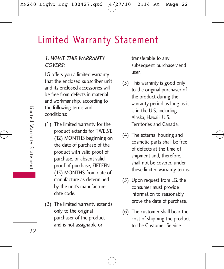 Limited warranty statement | LG MN240 User Manual | Page 24 / 58