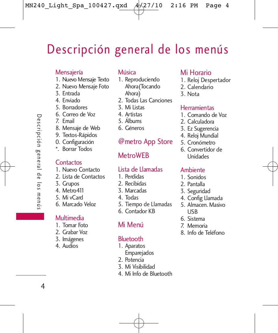 Descripción general de los menús, Metro app store metroweb, Mi menú | Mi horario | LG MN240 User Manual | Page 33 / 58