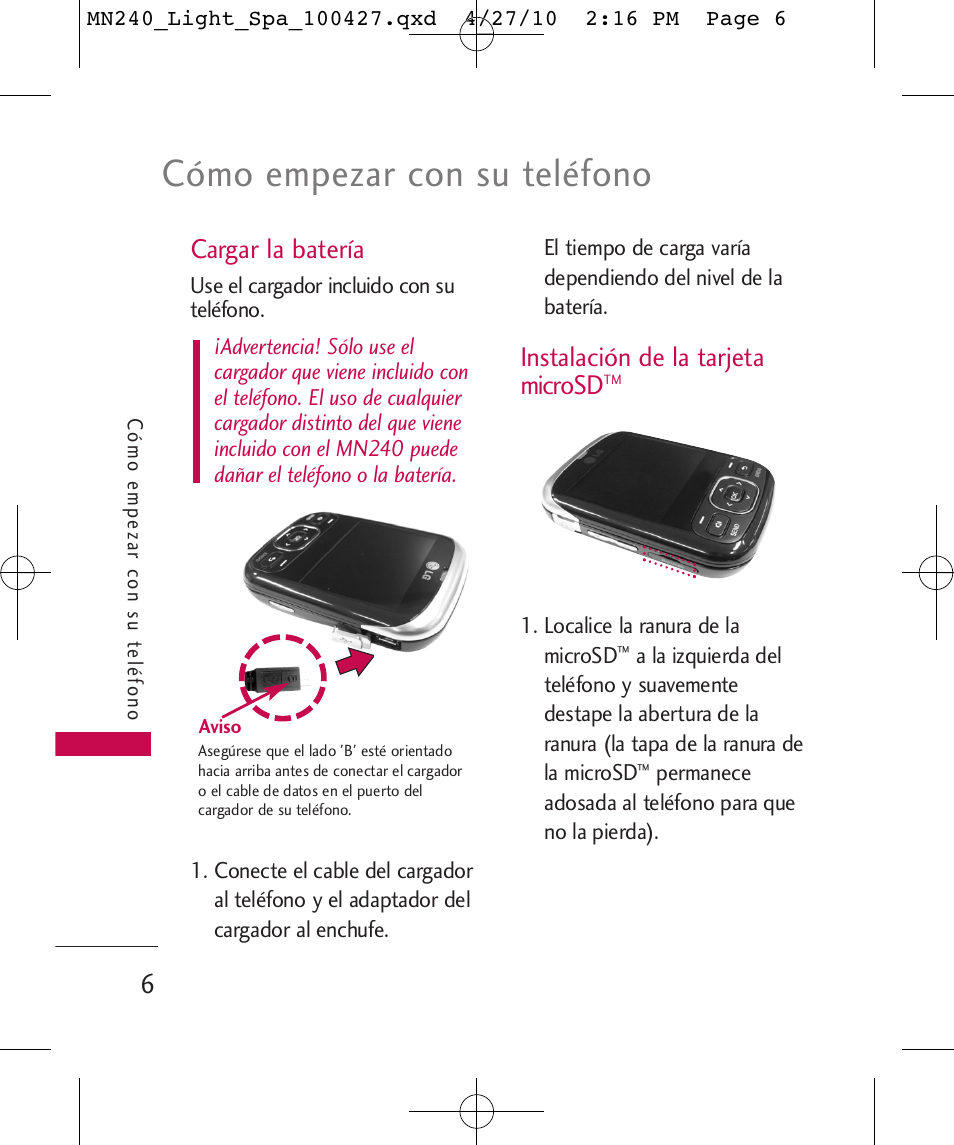 Cómo empezar con su teléfono, Cargar la batería, Instalación de la tarjeta microsd | LG MN240 User Manual | Page 35 / 58