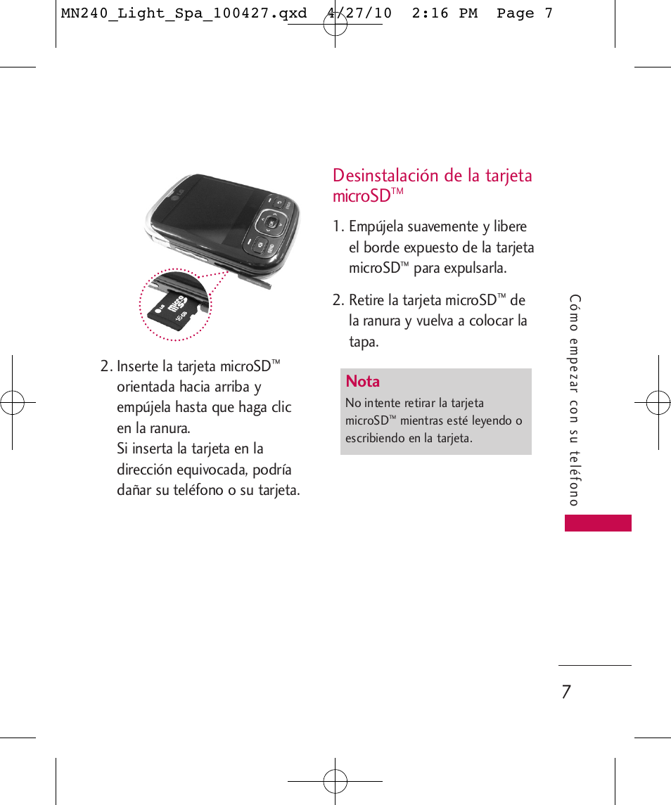 Desinstalación de la tarjeta microsd, Nota | LG MN240 User Manual | Page 36 / 58