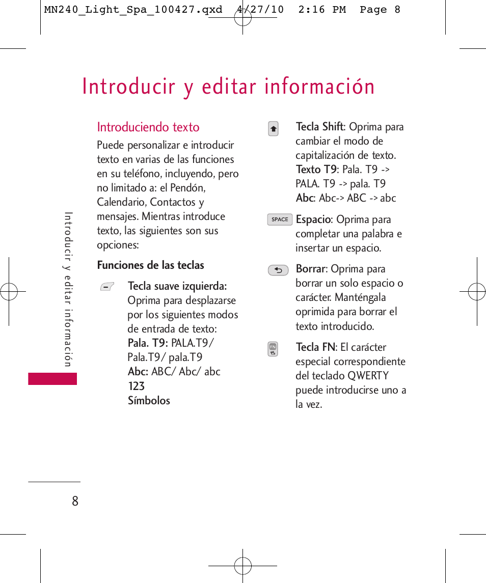 Introducir y editar información, Introduciendo texto | LG MN240 User Manual | Page 37 / 58