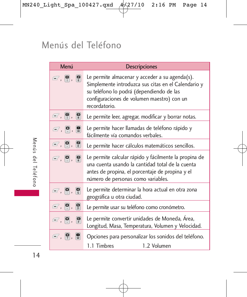 Menús del teléfono | LG MN240 User Manual | Page 43 / 58