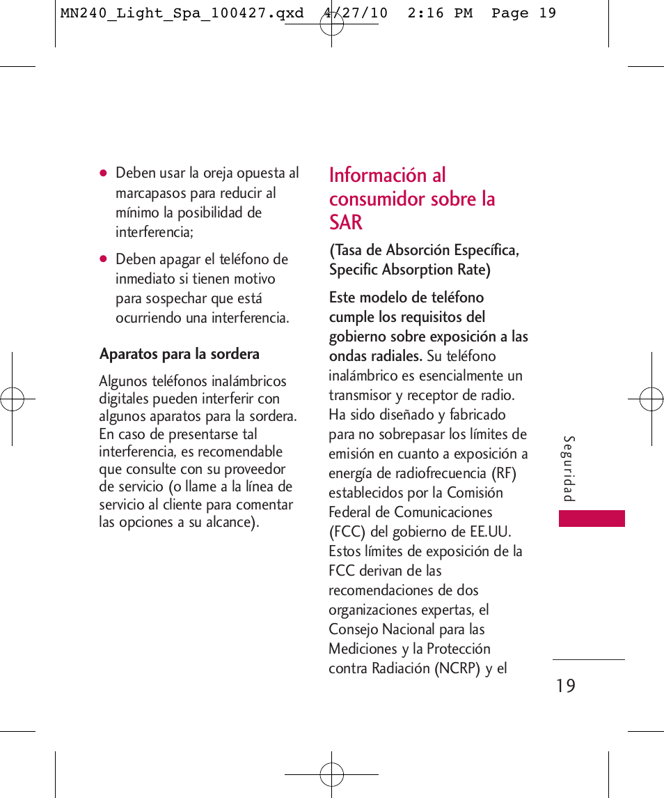 Información al consumidor sobre la sar | LG MN240 User Manual | Page 48 / 58