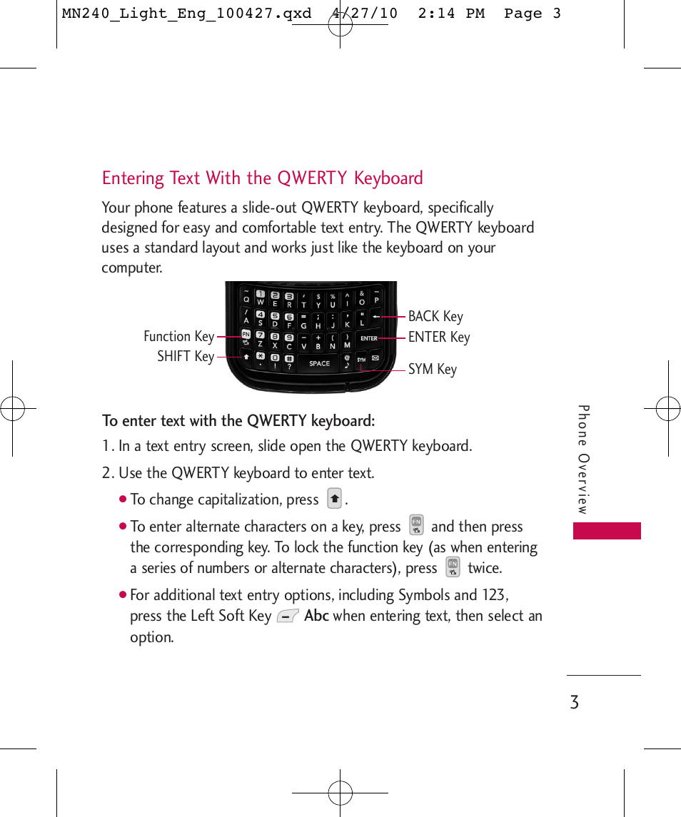 Entering text with the qwerty keyboard | LG MN240 User Manual | Page 5 / 58