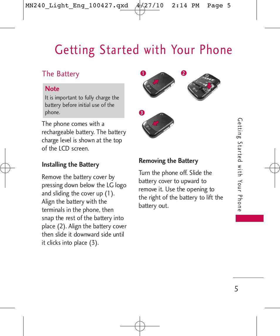 Getting started with your phone | LG MN240 User Manual | Page 7 / 58