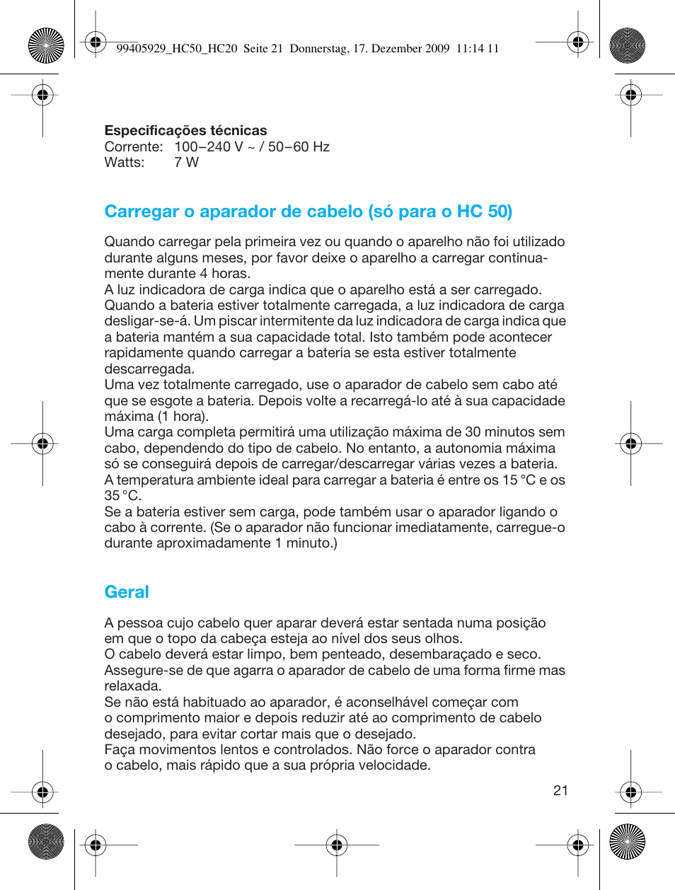 Carregar o aparador de cabelo (só para o hc 50), Geral | Braun HC20 Hair Perfect User Manual | Page 21 / 62