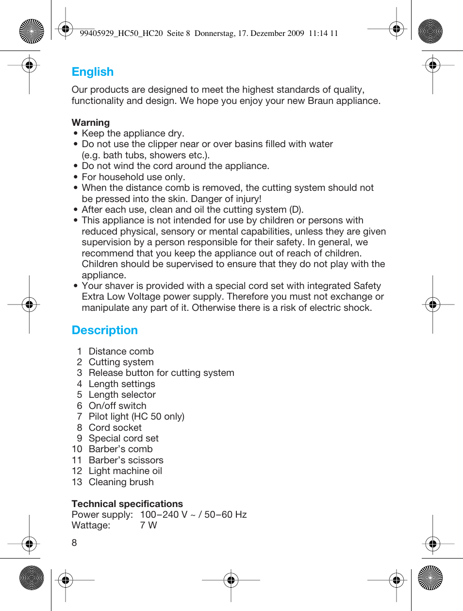 English, Description | Braun HC20 Hair Perfect User Manual | Page 8 / 62