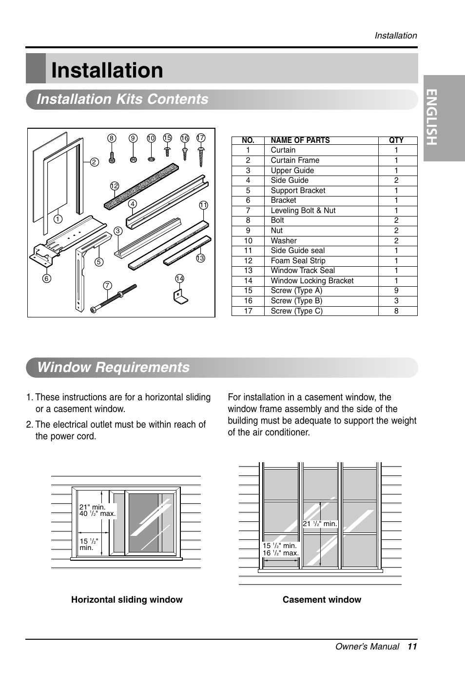 Installation, English, Window requirements installation kits contents | LG LW1012CR User Manual | Page 11 / 47