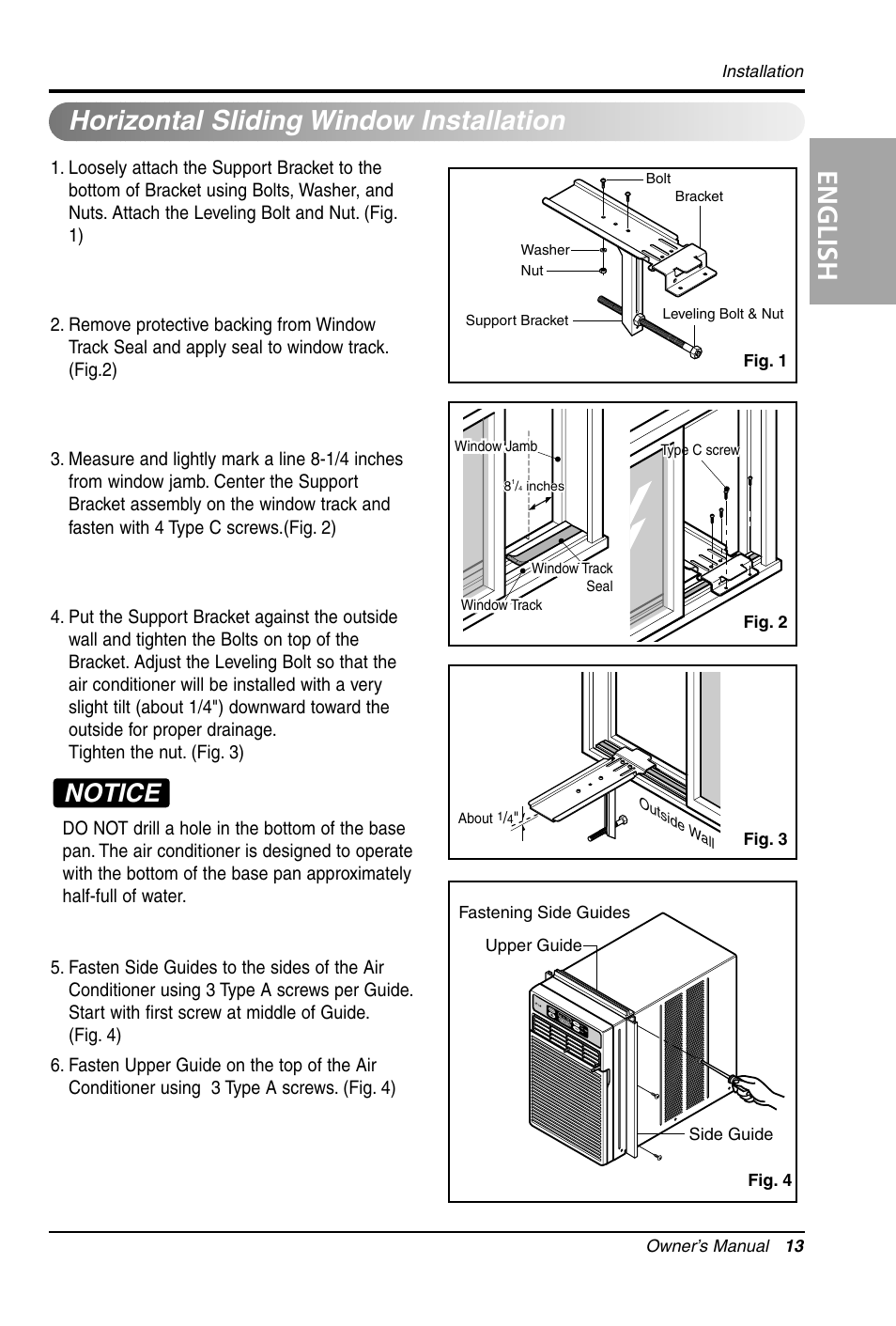 English, Horizontal sliding window installation, Notice | LG LW1012CR User Manual | Page 13 / 47