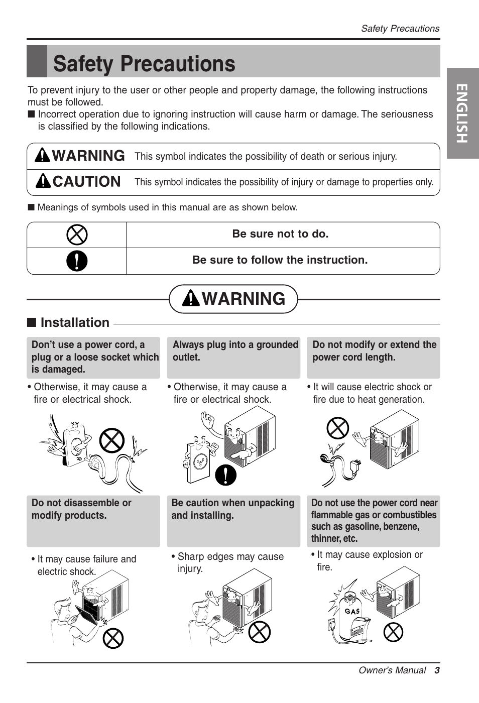 Safety precautions, English, Installation | LG LW1012CR User Manual | Page 3 / 47