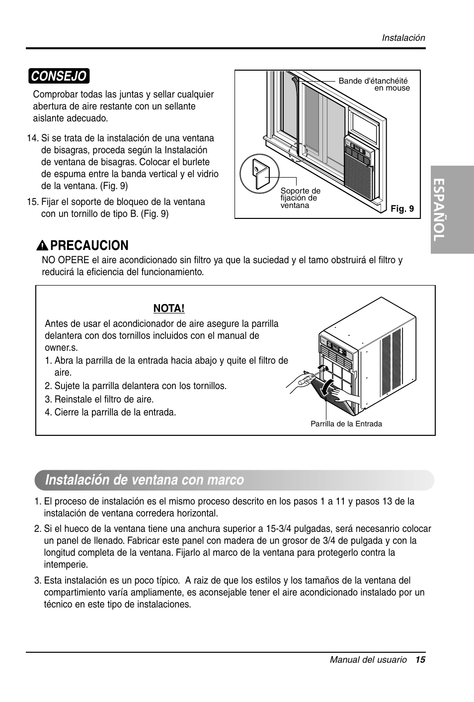 Español, Instalación de ventana con marco, Limpieza de filtro de aire | Consejo | LG LW1012CR User Manual | Page 36 / 47