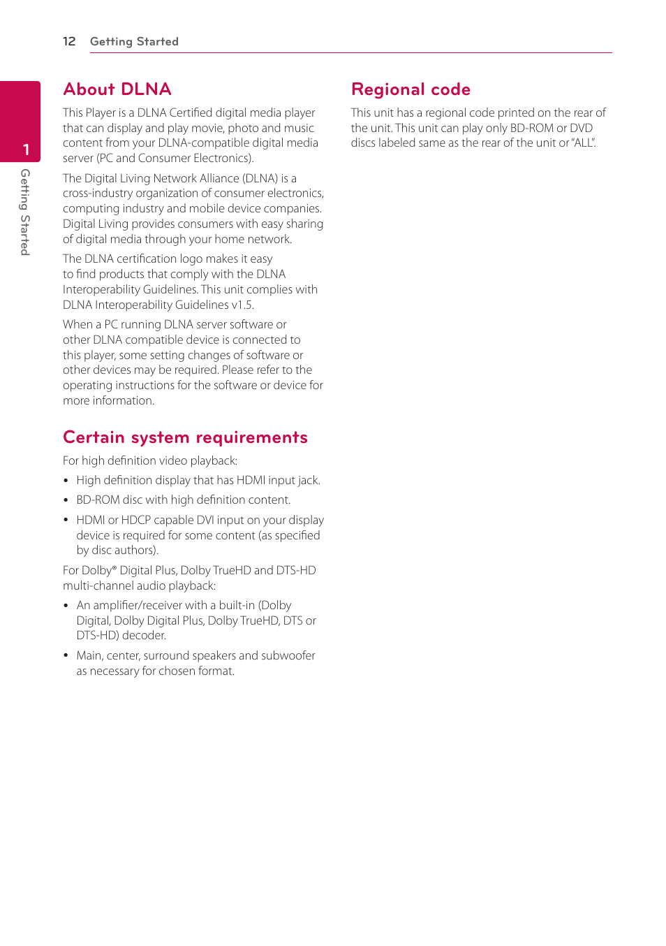 About dlna, Certain system requirements, Regional code | LG BP220 User Manual | Page 12 / 62