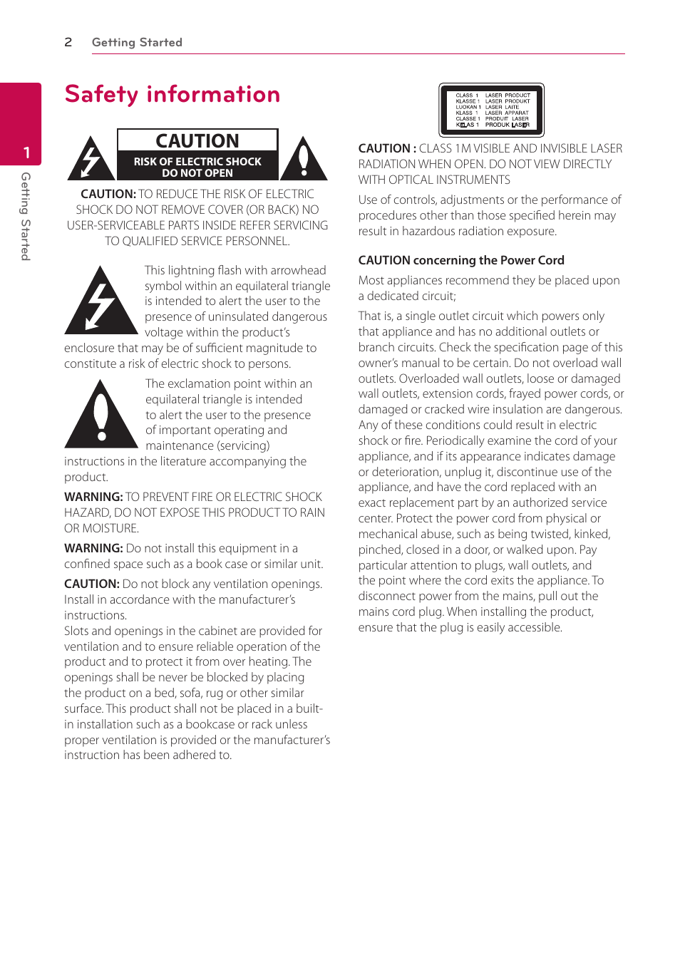 1 getting started, Safety information, Caution | LG BP220 User Manual | Page 2 / 62