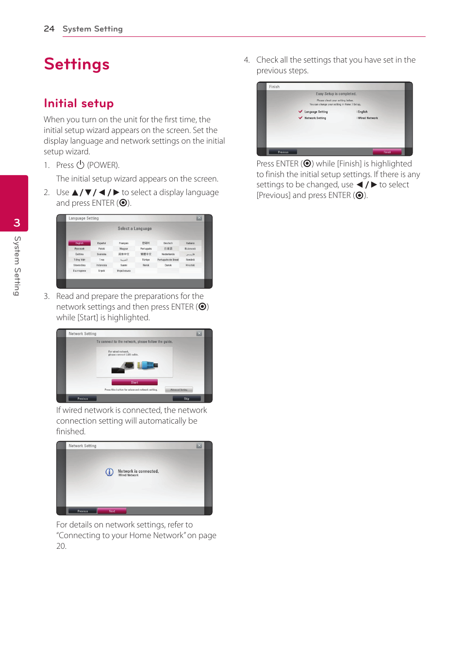 3 system setting, Settings, Initial setup | 24 settings 24 – initial setup | LG BP220 User Manual | Page 24 / 62