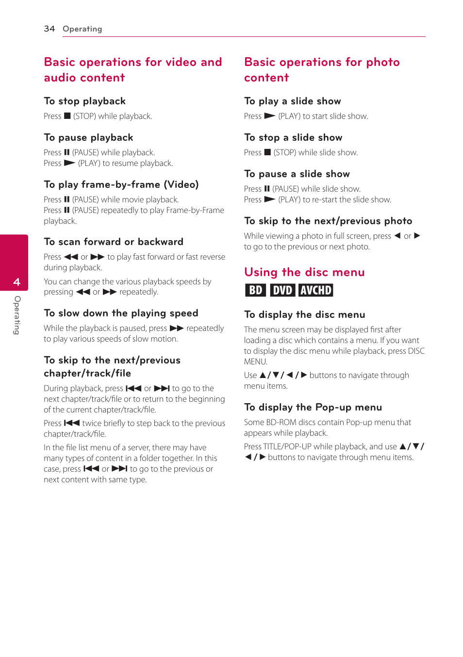 Basic operations for video and audio content, Basic operations for photo content, Using the disc menu | 34 – basic operations for video and audio, Content, Using the disc menu ero | LG BP220 User Manual | Page 34 / 62