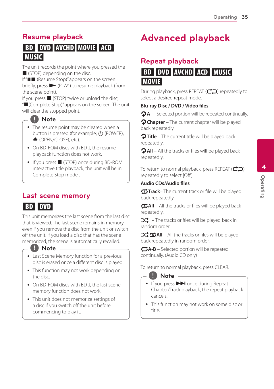 Resume playback, Last scene memory, Advanced playback | Repeat playback, Resume playback eroyt u, Repeat playback erotu y | LG BP220 User Manual | Page 35 / 62