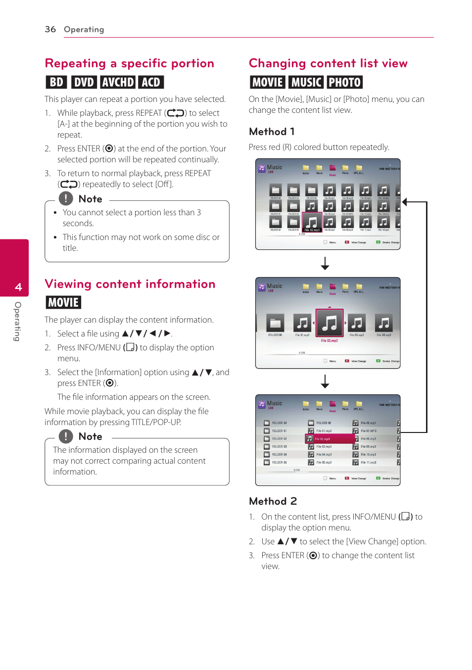 Repeating a specific portion, Viewing content information, Changing content list view | Repeating a specific portion erot, Viewing content information y, Changing content list view yui | LG BP220 User Manual | Page 36 / 62
