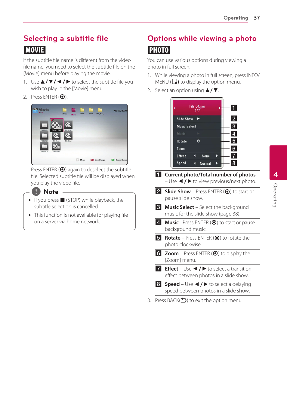 Selecting a subtitle file, Options while viewing a photo, Selecting a subtitle file y | Options while viewing a photo i | LG BP220 User Manual | Page 37 / 62
