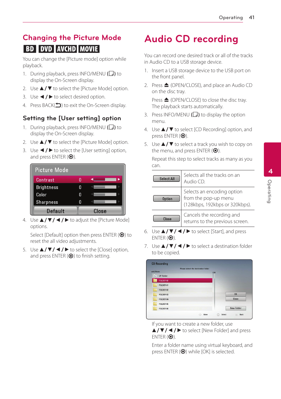 Changing the picture mode, Audio cd recording, 41 – changing the picture mode 41 | Changing the picture mode eroy | LG BP220 User Manual | Page 41 / 62