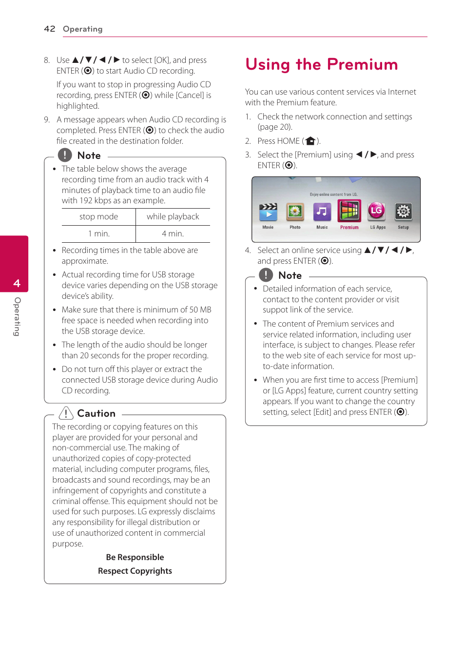 Using the premium, 42 using the premium | LG BP220 User Manual | Page 42 / 62