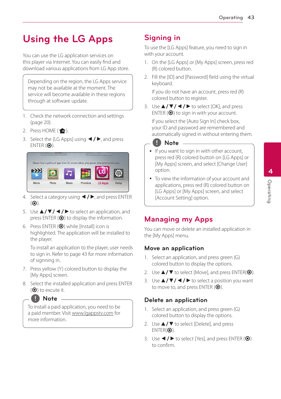 Using the lg apps, Signing in, Managing my apps | 43 using the lg apps, 43 – signing in 43 – managing my apps | LG BP220 User Manual | Page 43 / 62