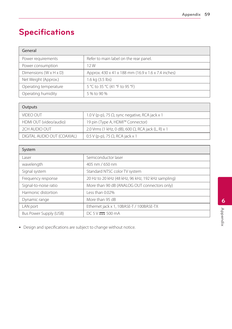 Specifications, 59 specifications | LG BP220 User Manual | Page 59 / 62