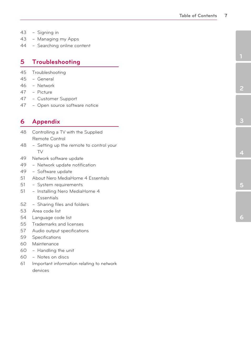 5 troubleshooting, 6 appendix | LG BP220 User Manual | Page 7 / 62