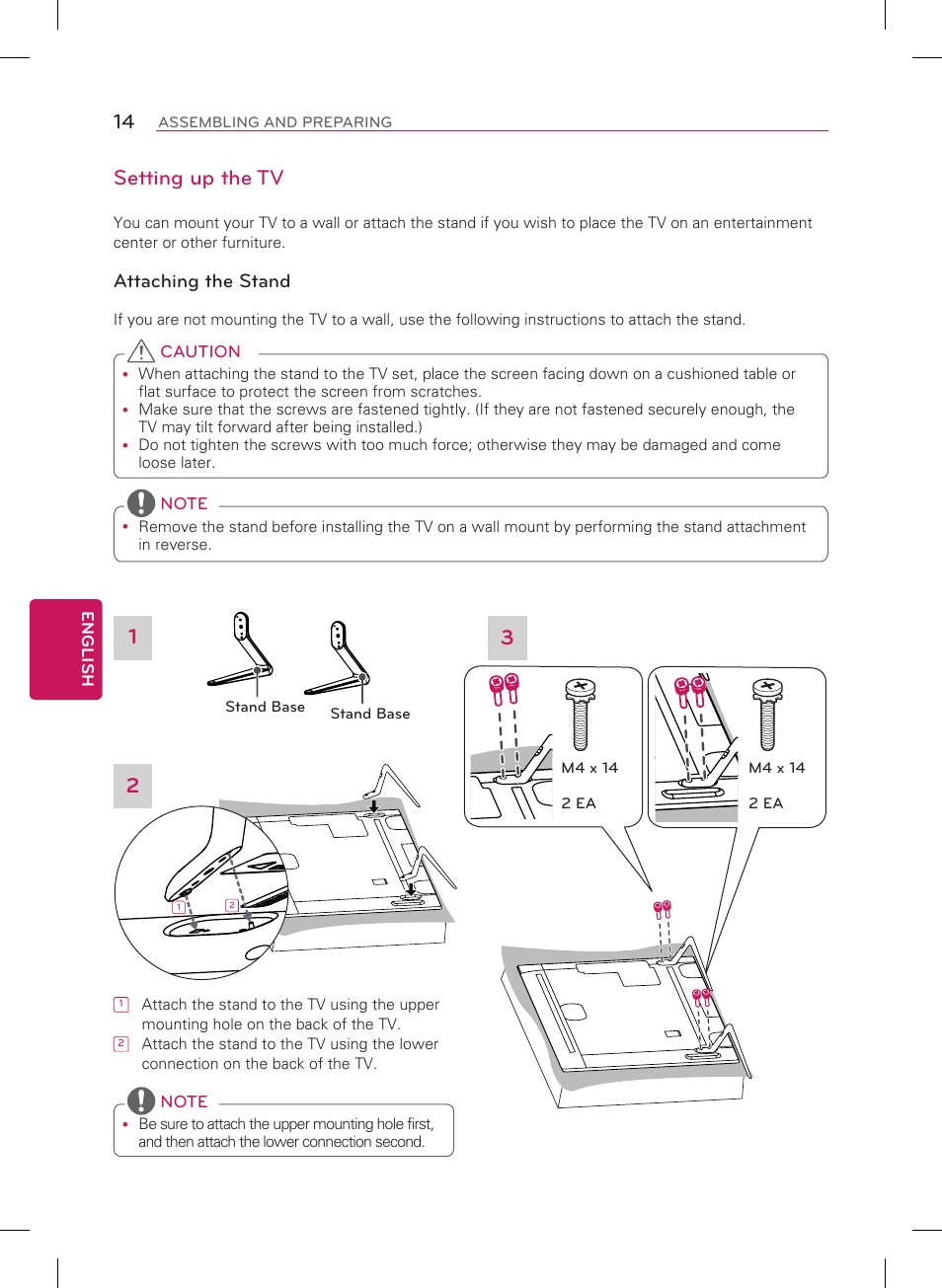 Setting up the tv, Attaching the stand | LG 65LA9650 User Manual | Page 14 / 40