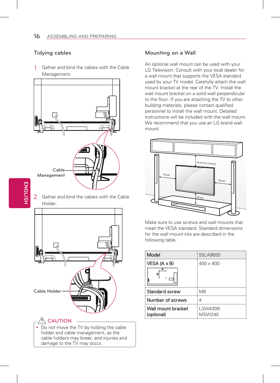 Mounting on a wall, Tidying cables | LG 65LA9650 User Manual | Page 16 / 40