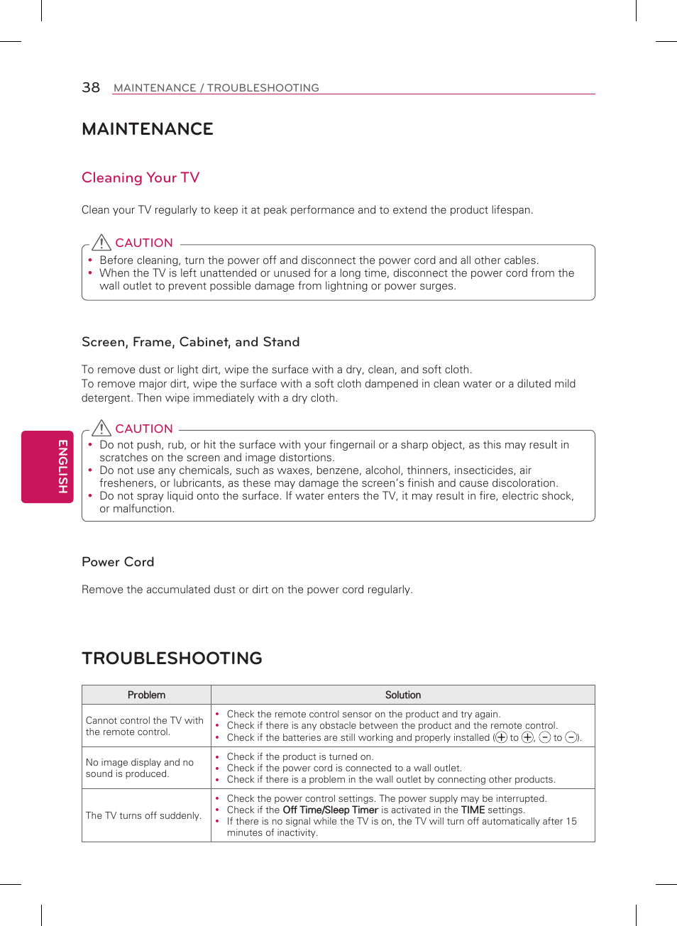 Maintenance, Troubleshooting, Cleaning your tv | Screen, frame, cabinet, and stand, Power cord | LG 65LA9650 User Manual | Page 38 / 40