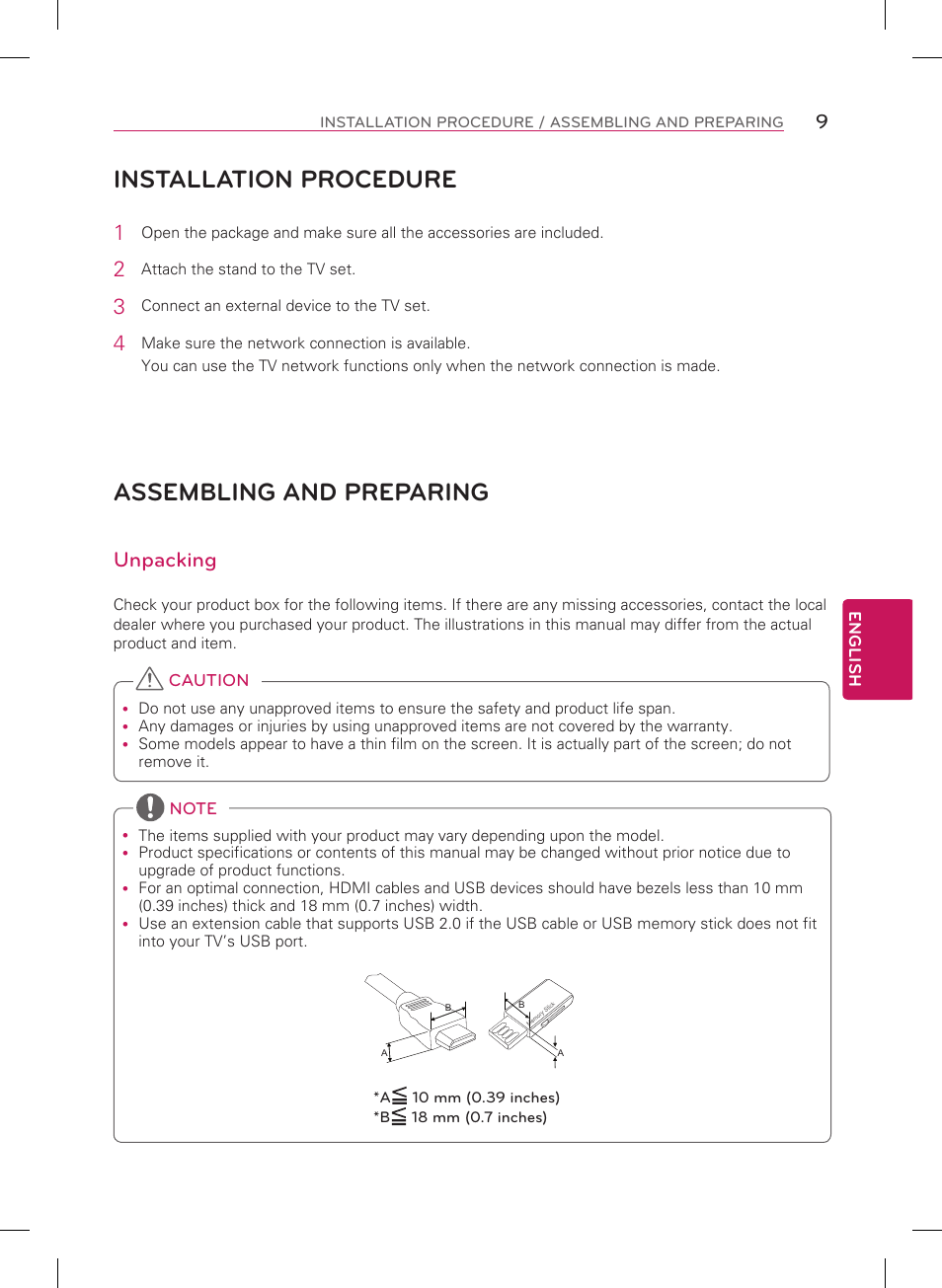 Installation procedure, Assembling and preparing, Unpacking | LG 65LA9650 User Manual | Page 9 / 40