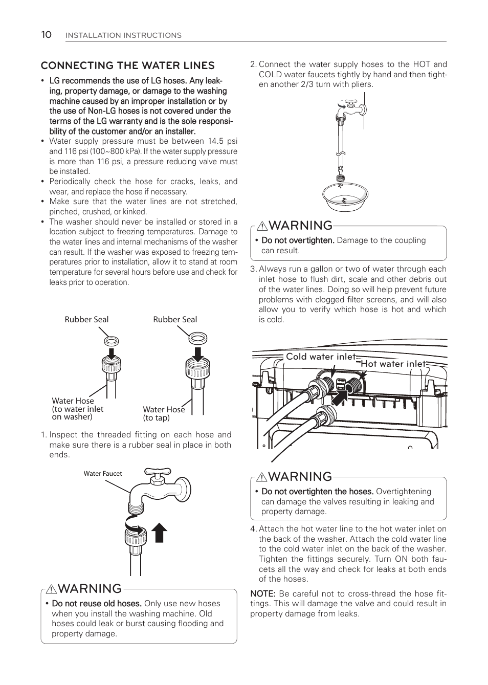 Warning, Connecting the water lines | LG WT1001CW User Manual | Page 10 / 72