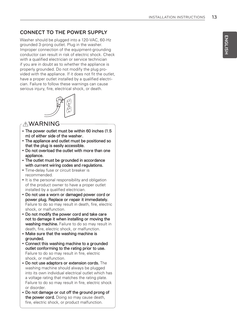 Warning, Connect to the power supply | LG WT1001CW User Manual | Page 13 / 72
