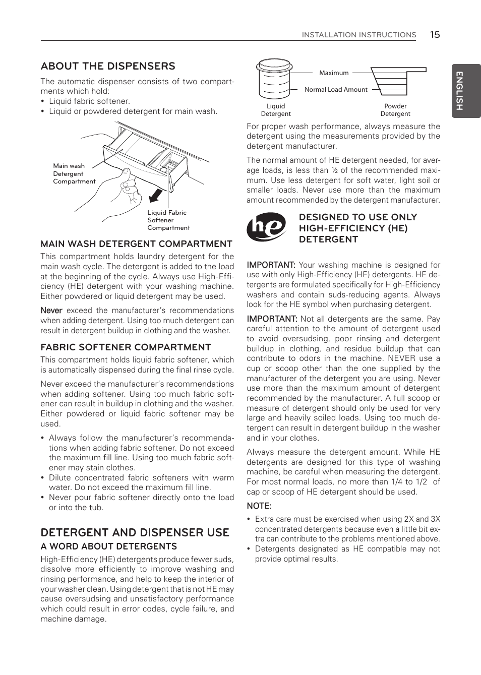 Detergent and dispenser use, About the dispensers | LG WT1001CW User Manual | Page 15 / 72